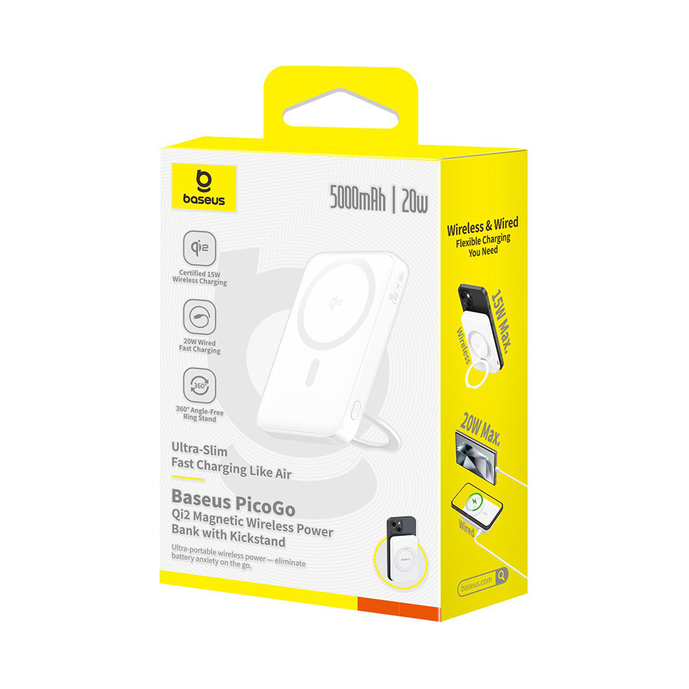 Baseus-Power-Bank-PicoGo-P10076800213-01-Type-C-Qi2-Fast-Charging-20W-5000mAh-Rotable-Stand-Cable-Type-C-White-9